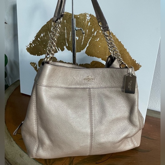 Coach Designer Lexi Chain Shoulder Bag Gold Metallic Pebbled Leather - Picture 1 of 17